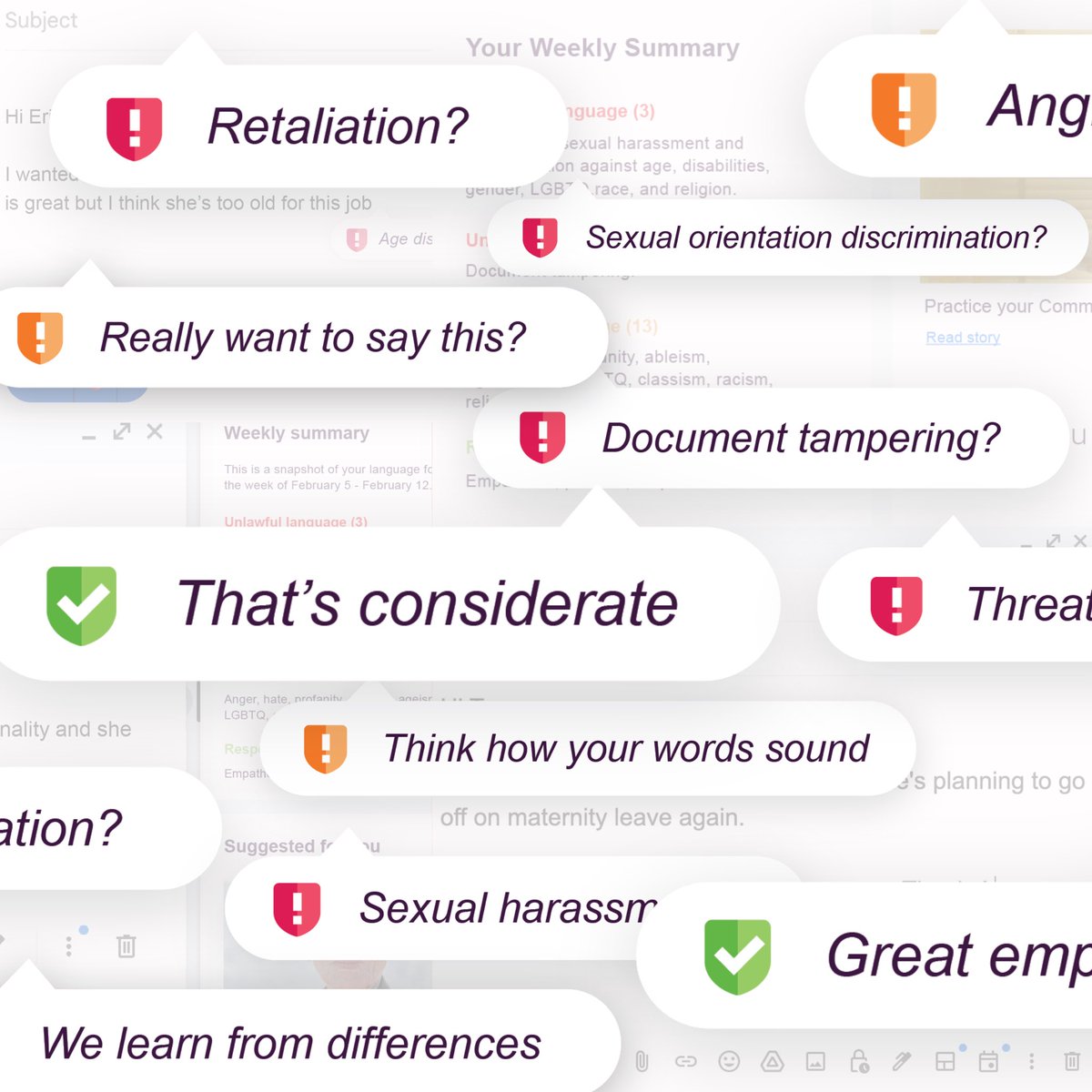 alphy_co's tweet image. Our words hold power. #ReflectAI detects harmful, unlawful, and unethical language in emails in real-time, providing a vital compliance solution for companies and employees.

Safeguard your team today. Contact us for a demo at sales@alphyco.com.