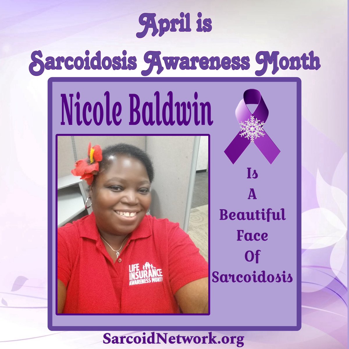 This is our Sarcoidosis Sister Nicole Baldwin and she is a Beautiful Face of Sarcoidosis!💜

#Sarcoidosis #raredisease #patientadvocate #sarcoidosisadvocate #beautifulfacesofsarcoidosis #sarcoidosisawarenessmonth