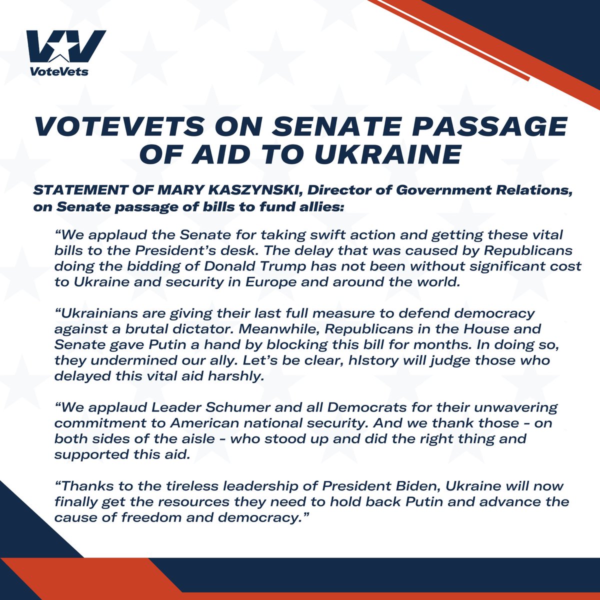 NEW: VOTEVETS ON SENATE PASSAGE OF AID TO UKRAINE: 'Thanks to the tireless leadership of President Biden, Ukraine will now finally get the resources they need to hold back Putin and advance the cause of freedom and democracy.'