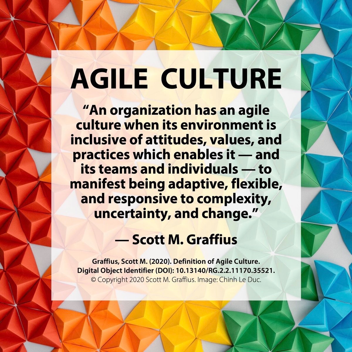 “An organization has an agile culture when its environment is inclusive of attitudes, values, and practices which enables it — and its teams and individuals — to manifest being adaptive, flexible, and responsive to complexity, uncertainty, and change.” — Scott M. Graffius