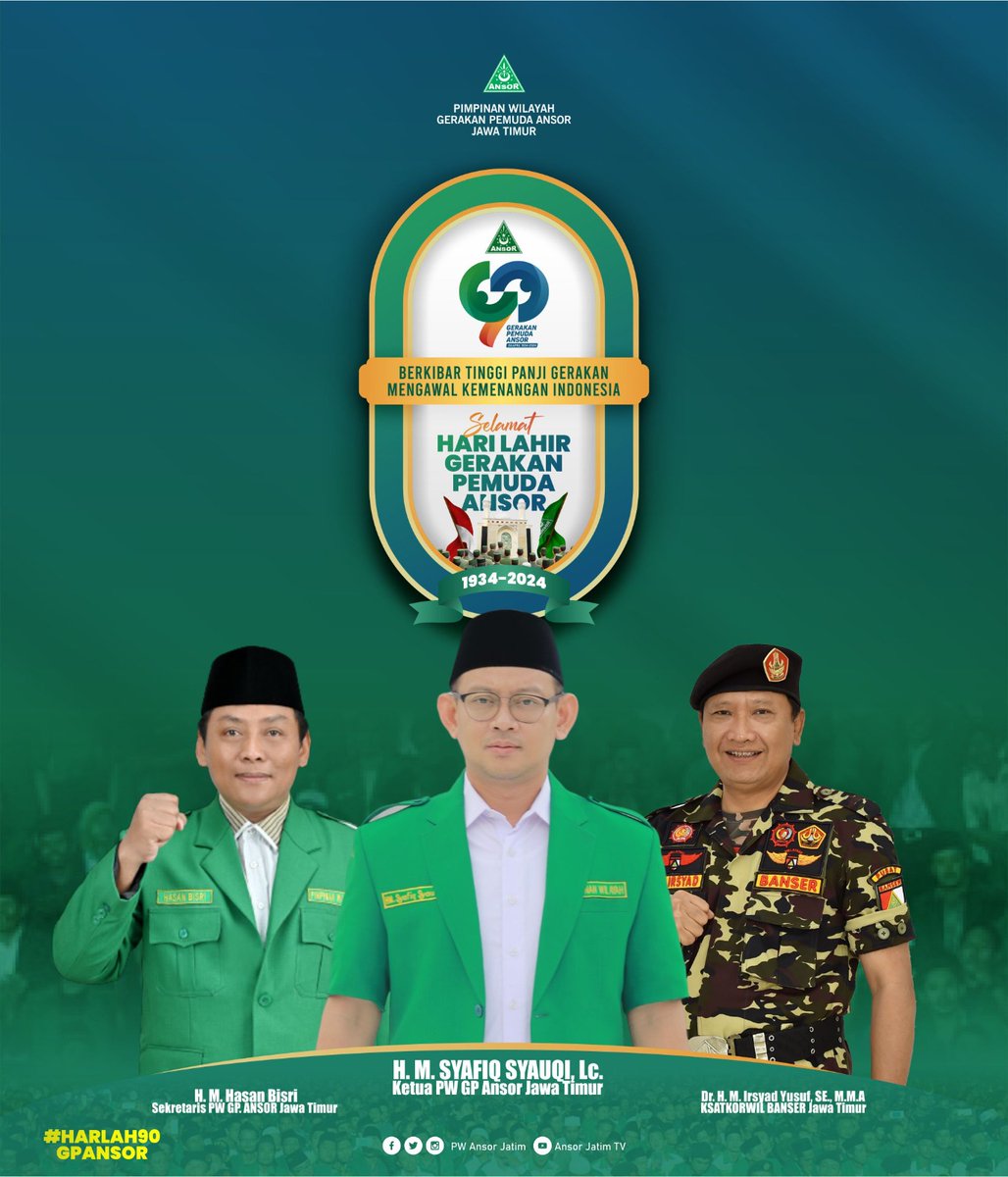 'Berkibar Tinggi Panji Gerakan Mengawal Kemenangan Indonesia' Selamat Hari Lahir Gerakan Pemuda Ansor ke 90 Tahun, 24 April 2024 #Harlah90GPAnsor