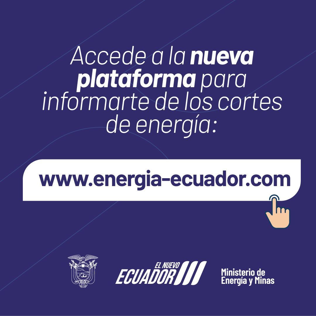 ViceminEnergia's tweet photo. 📌¡ATENCIÓN!

📍Te presentamos el nuevo sitio web para que revises los horarios de cortes de energía a escala nacional.

➡️ Ingresa a: https://t.co/wB8NRctsBG

#ElNuevoEcuador 🇪🇨 https://t.co/q3cg8ZhKDZ