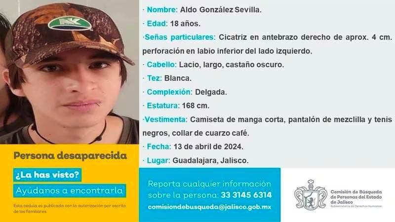Aldo González Sevilla, estudiante de la #UdeG, sigue desaparecido desde el pasado 13 de abril 2024. Ayudemos a su familia a que vuelva casa. Difundamos su ficha de búsqueda.