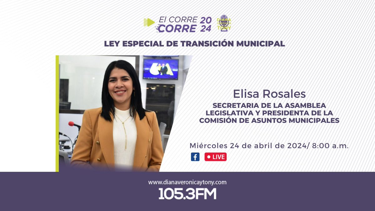 🎙️ #ElCorreCorre I Este miércoles 24 de abril, conoceremos sobre la Ley Especial de Transición Municipal, con la diputada @Elisa_Rosalesv. 🔴 Sintonízanos a las 8 am en el 105.3 FM @Punto105 #TuneIn Punto105 📲 7850-2060