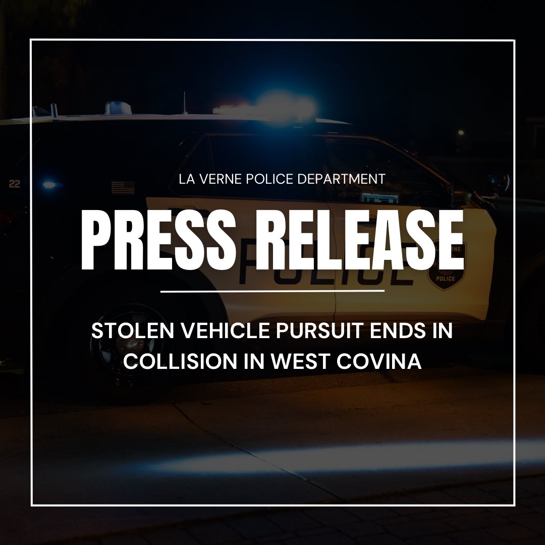 LaVernePD's tweet photo. Press Release. Pursuit ends in collision in West Covina. https://t.co/Fe8EQF9Ssp