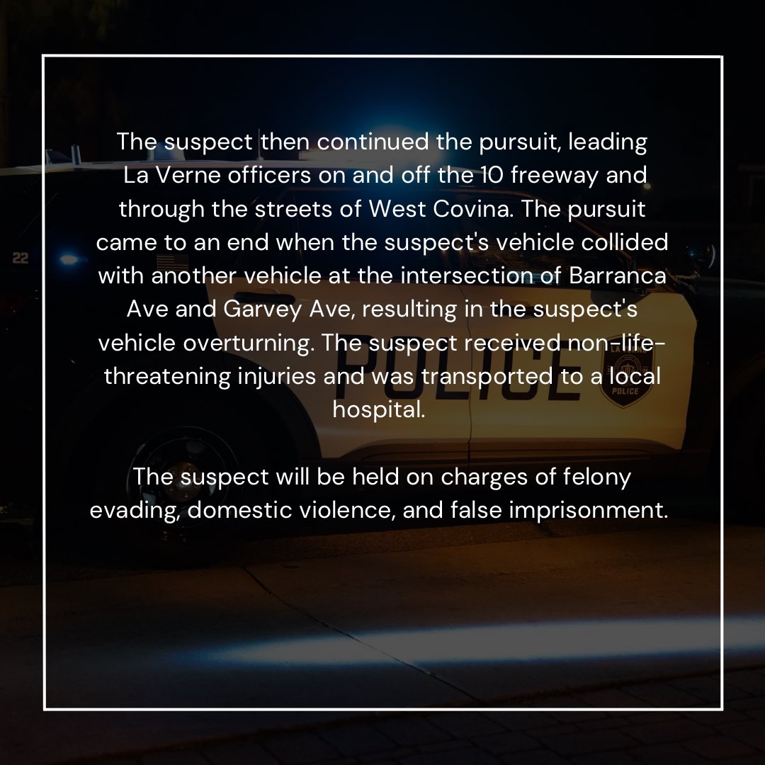 LaVernePD's tweet photo. Press Release. Pursuit ends in collision in West Covina. https://t.co/Fe8EQF9Ssp