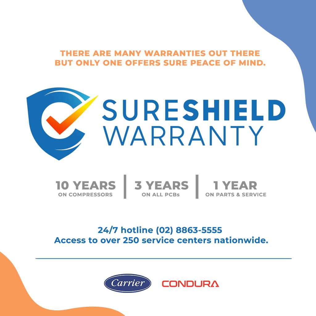 carrier_ph's tweet photo. SureShield Warranty covers 10 years on compressors, 3 years on all PCBs, and 1 year on parts and service, available at over 250 service centers nationwide. 

For 24/7 customer service hotline: (02) 8863-5555.
Complete list of models covered by SureShield: https://t.co/2YiLcHHhlj https://t.co/A62EWU1qX8