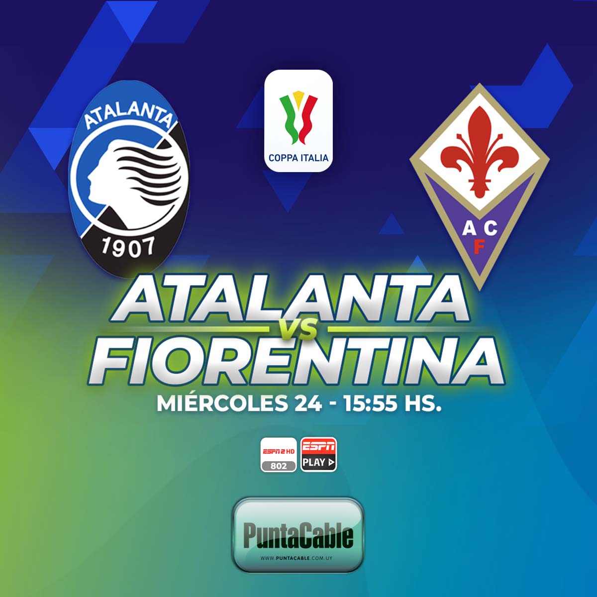 ⚽¡Hoy miércoles, por la COPPA ITALIA, se enfrentan:
ATALANTA VS. FIORENTINA
Lo disfrutamos por  #PuntaCable a través de #ESPN2 e #ESPNplay