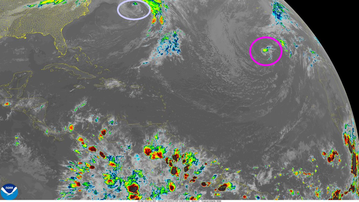 cwundeWx's tweet photo. A subtropical cyclone has likely formed in the North Atlantic. The extratropical cyclone well offshore of the eastern CONUS may try to transition into a subtropical cyclone as well within in the next 24 hours. https://t.co/mHldnd1kMq
