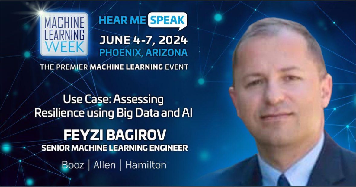 Come to my session at Machine Learning Week – June 4-7 in Phoenix: Use Case: Assessing Resilience Using Big Data And Ai. Click here for all the details and register by April 19 for the lower price: lnkd.in/ebHnVsGq. Use code Bagirov20 for an extra 20% off! #MLWeek