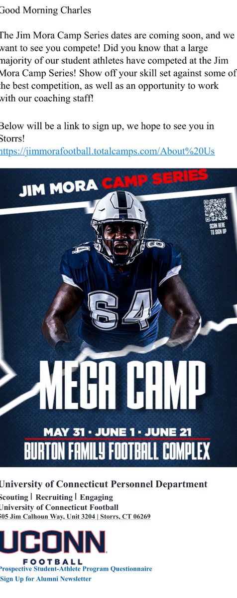 I’m very excited to receive an invitation to UCONN Junior Days Prospect Camp. I Look Forward to Competing and meeting @CoachJimMoraFB , @CoachSammis @swoll1 @Swoll_2_ @Husky_Football7 @MPPrideCoach @CoachDixonDBs @HuskiesGridiron @DHunn @CodyTCameron @HogsandDawgs