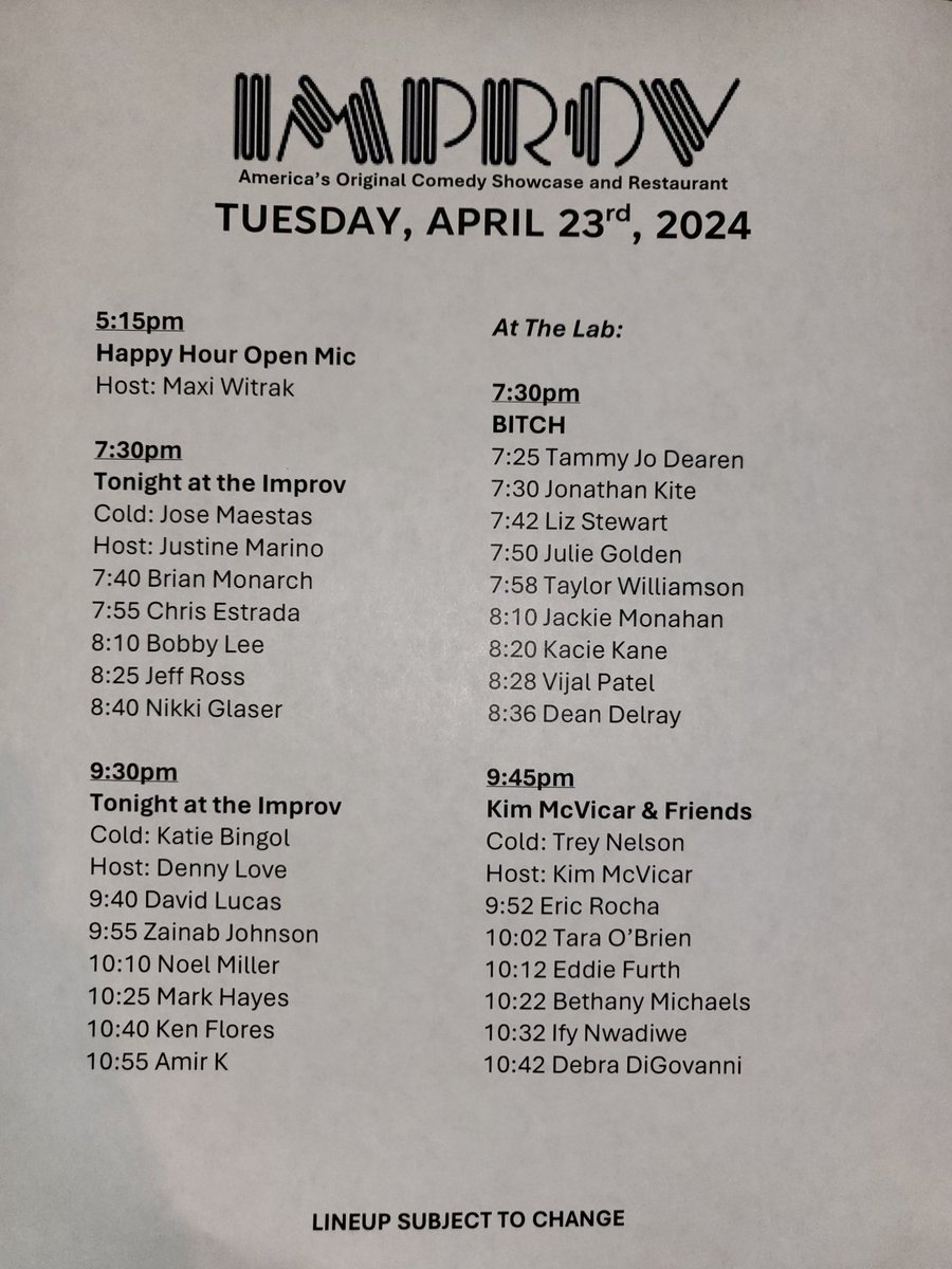 Set times tonight! Get the last tickets at improv.com/hollywood or arrive early and buy at the door! #hollywoodimprov #comedy