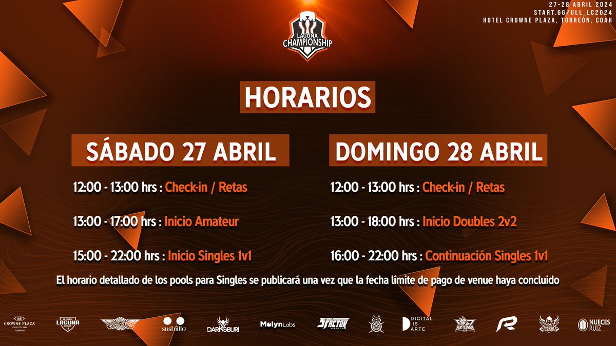 HORARIOS ¡Les compartimos los horarios del sábado 27 y domingo 28 de abril! 🏆 ¡Son los mismos que venían en startgg! 🤝 ¡Los esperamos este fin de semana! 🔥