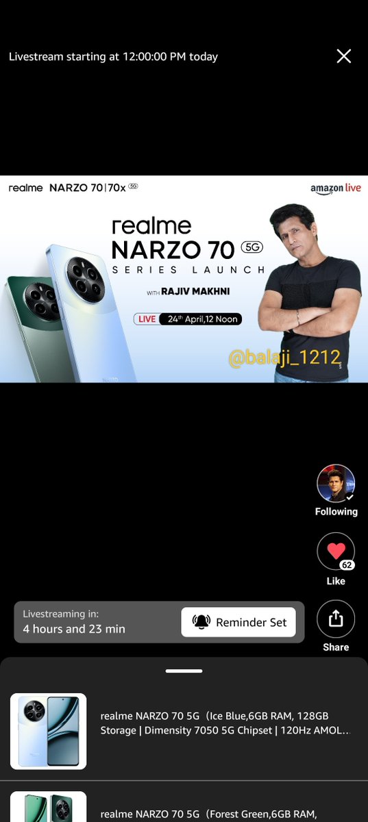 Super Excited for the launch 🤩🔥 #realmeNARZO70x5G #realmeNARZO705G #realmeNARZO70Pro5G @RajivMakhni @realmenarzoIN Realme Narzo 70 Series Launch amazon.in/live/broadcast…