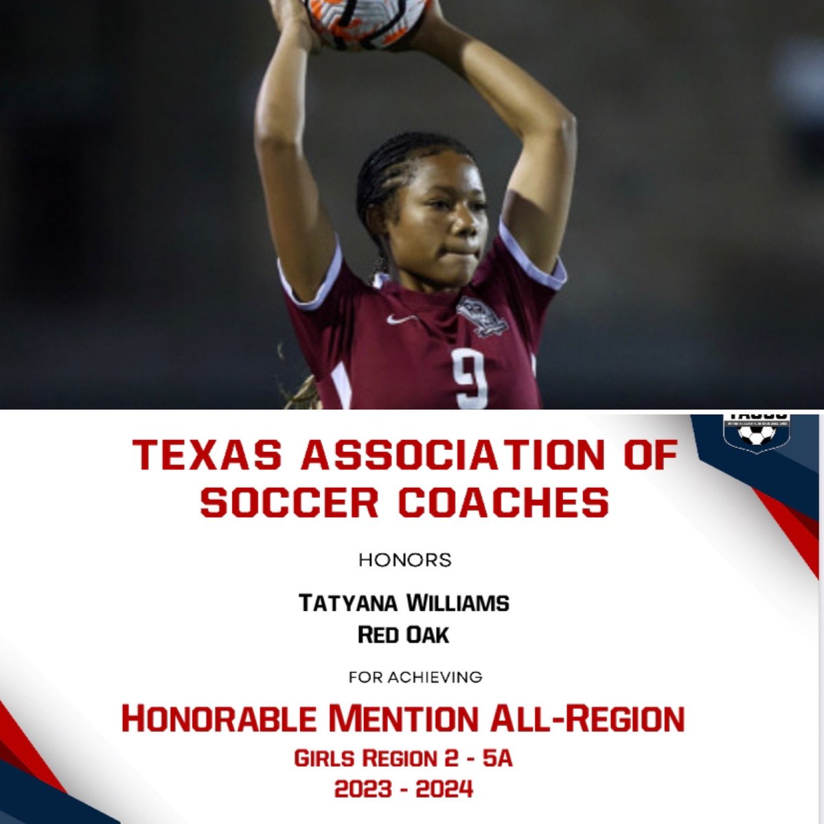 Congrats to @Tyewilliams2007 for being named @tascosoccer Honorable Mention All-Region Midfielder for 5A region 2. Awesome honor! @roisdathletics @BamaStateWSC @rohighschool @SportsDayHS @EllisCoSports