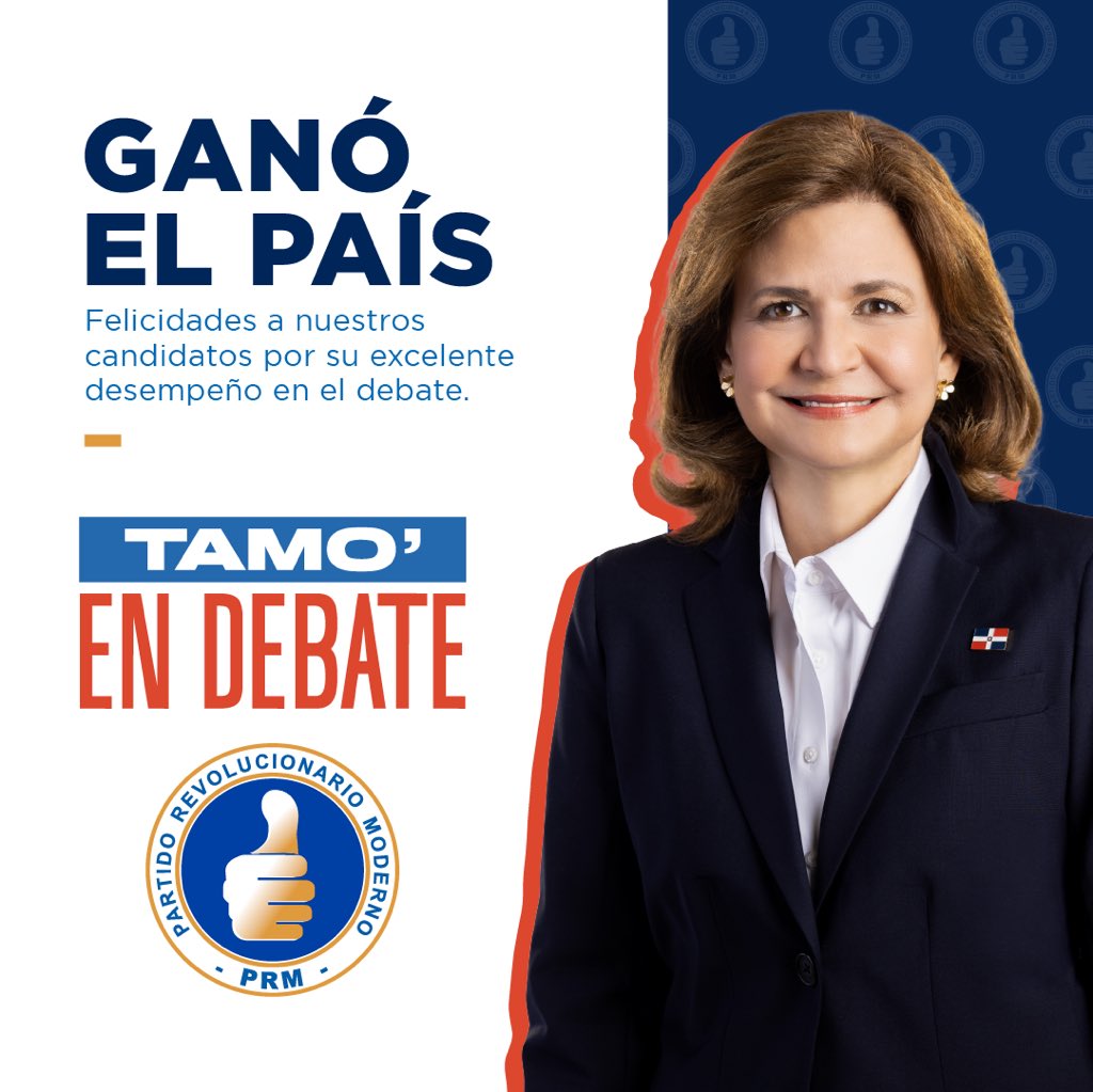 PRM_Oficial's tweet photo. Felicitamos a nuestra candidata @RaquelPenaVice que con su participación en #DebatesANJE2024 demostró capacidad, compromiso y determinación al presentar los logros y propuestas de nuestro gobierno. ¡Raquel es #LaVice que garantiza lo mejor que está por venir! 🇩🇴

#RaquelGana https://t.co/k10z10RHtx