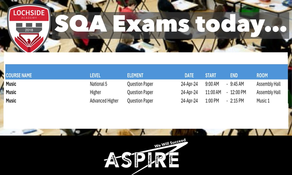#SQAexams today for pupil and parent/carer information below. All the very best and success to pupils sitting these exams today. #ambition #perseverance #ASPIRE