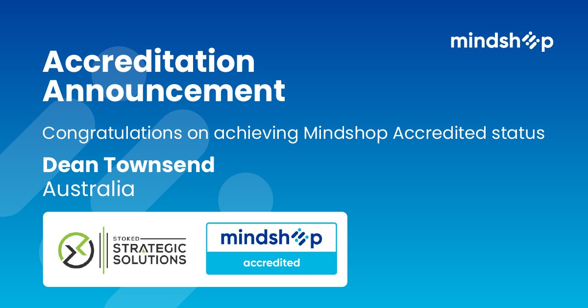 Congratulations Dean Townsend, Stoked Strategic Solutions, AU on completing the required courses & requirements to be recognised as Mindshop Accredited.

 A great achievement, well done Dean!

#mindshopaccredited #themindshopway #problemsolver #businessstrategy #businessadvisor