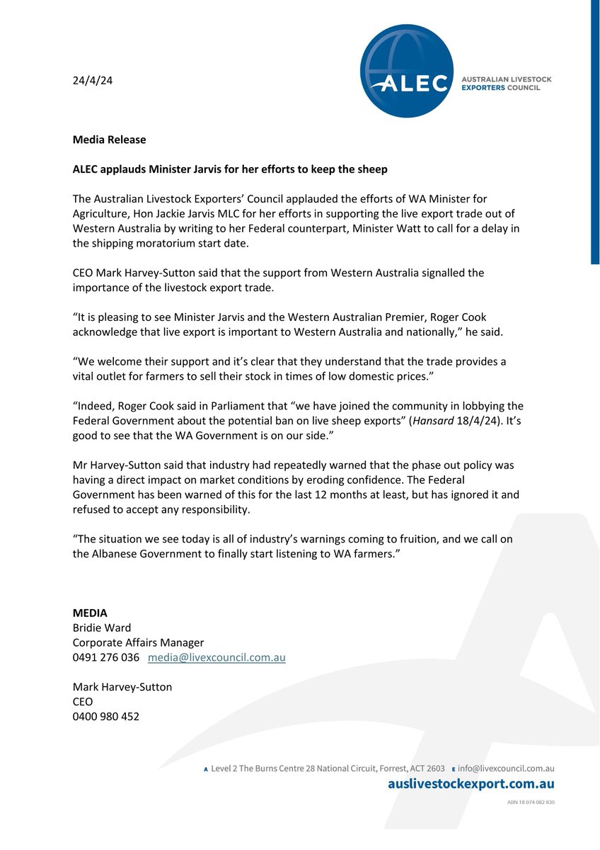 ALEC applauds Minister Jarvis for her efforts to #keepthesheep: auslivestockexport.com/news/10-news/2… via @austliveexports