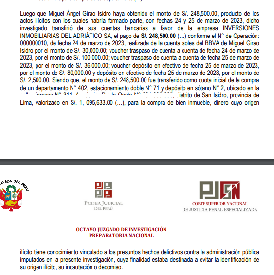 AlonsoRamosG's tweet photo. Lo último. Pesquisa apunta a que – marzo del 2023 –  Miguel Girao, mano derecha de exfiscal de la Nación, Patricia Benavides, pagó cuota inicial de 248 mil, con dinero de presunto coimas, para comprar un departamento de un millón en San Isidro. Girao está detenido. @atv_noticias https://t.co/jfy3o14XsR
