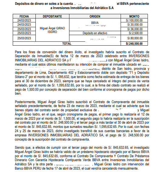 AlonsoRamosG's tweet photo. Lo último. Pesquisa apunta a que – marzo del 2023 –  Miguel Girao, mano derecha de exfiscal de la Nación, Patricia Benavides, pagó cuota inicial de 248 mil, con dinero de presunto coimas, para comprar un departamento de un millón en San Isidro. Girao está detenido. @atv_noticias https://t.co/jfy3o14XsR
