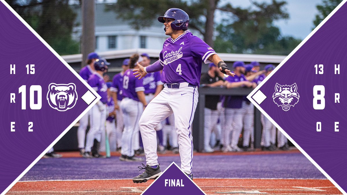 BEARS WIN!!! UCA holds off A-State 10-8. Bears tie season-high with 15 hits for the 2nd game in a row. UCA sweeps the season series from ASU. #BearClawsUp x #FightFinishFaith