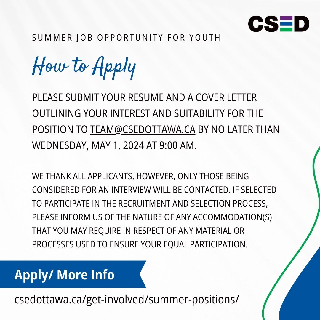 We are hiring! CSED is seeking a curious and dependable young person to join our small but mighty team as a Program Delivery Officer over the summer month. 
For more information on the position visit: csedottawa.ca/get-involved/s…
#canadasummerjobs #programdeliveryofficer #csedottawa