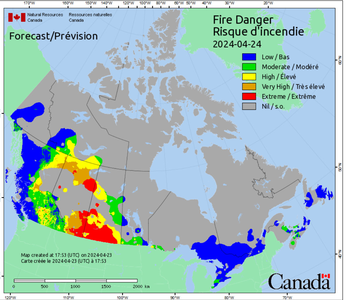 As expected the Fire Danger risk is ⬆️ as temps exceed seasonal norms &amp; precip. remains mostly elusive. Pay attention to public alerts as wildfires can rapidly intensify.
Complicating matters is the “Spring Dip” a concept detailed by wx guru ⁦<a href="/CTVdavidspence/">David Spence</a>⁩ on his feed!😊