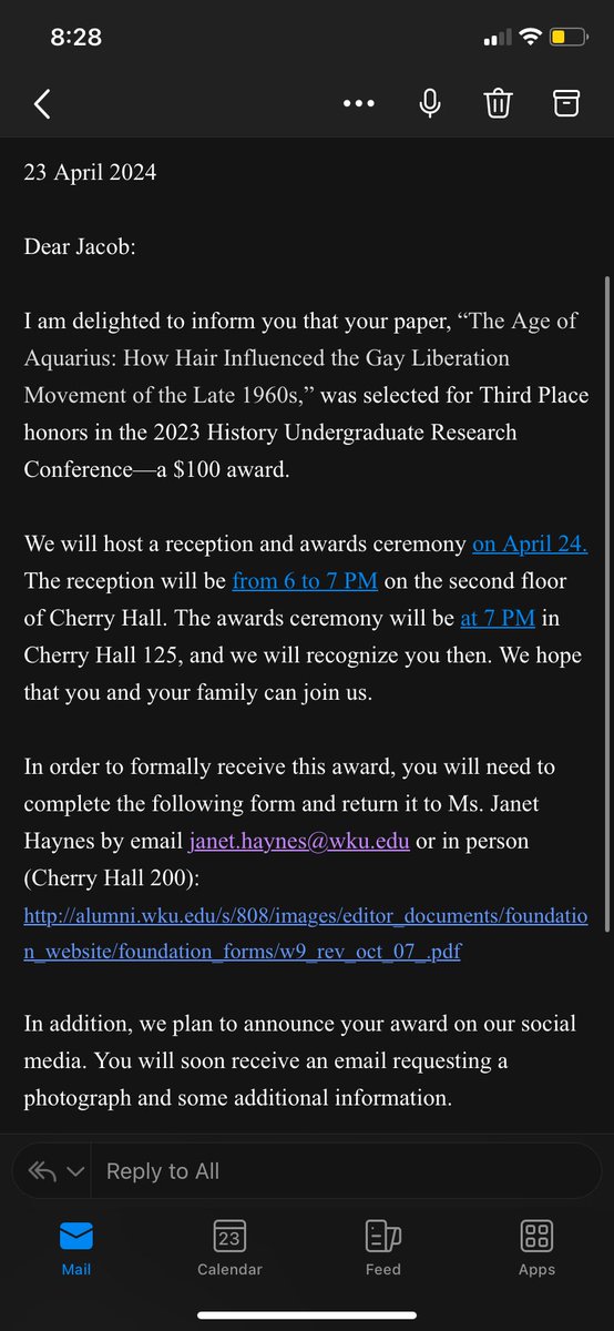 MrRobinClass's tweet photo. So proud to announce I received third place honors at Western Kentucky University’s History Undergraduate Research Conference! https://t.co/R447rnNi9C