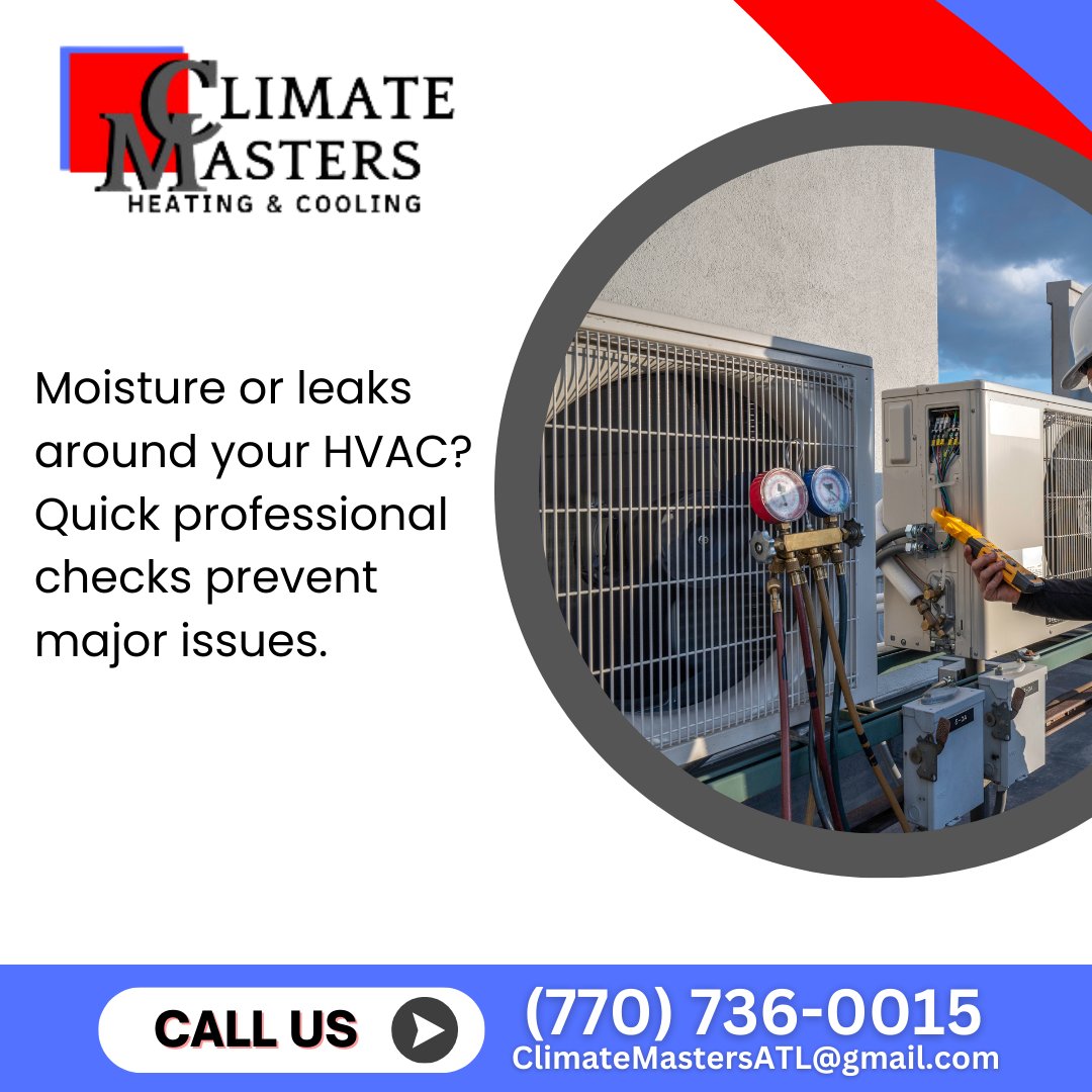 Finding moisture or leaks around your HVAC in Lilburn, GA signals a need for expert attention. Climate Masters quickly addresses issues, safeguarding your home. Prevent further damage; act now. Contact us at (770) 736-0015. #HomeProtection #EfficientRepair