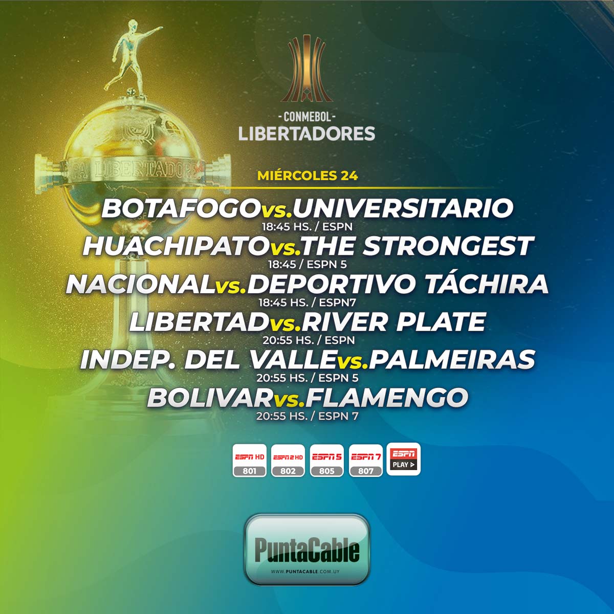 ⚽️¡Hoy miércoles se disputan varios encuentros por CONMEBOL LIBERTADORES!
Lo disfrutamos por #PuntaCable a través de #ESPN, #ESPN2, #ESPN5 e #ESPNPlay