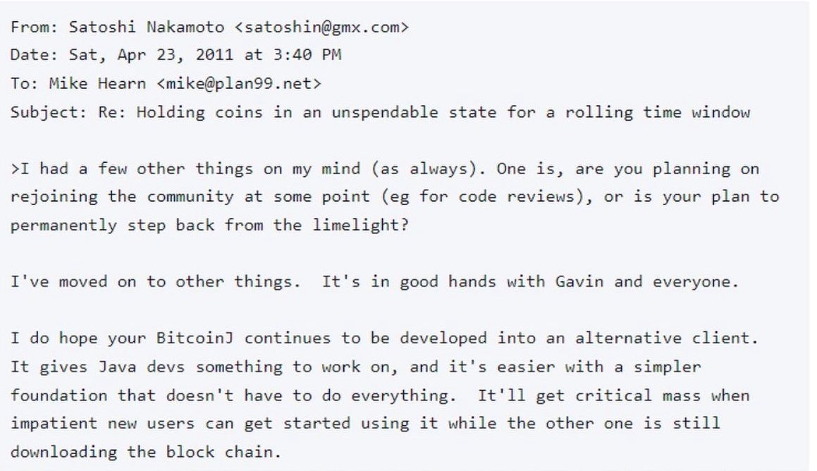 中本聰的EMAIL 比特幣創始人 在2011年4月23日，也就是整整13年前，中本聰發送了最後一封電子郵件，表示他、她或他們已經「轉向其他事物」，並說「比特幣交由Gavin和其他人手中，情況很好」。 三天後，他永遠地消失了。。。 #區塊鏈歷史