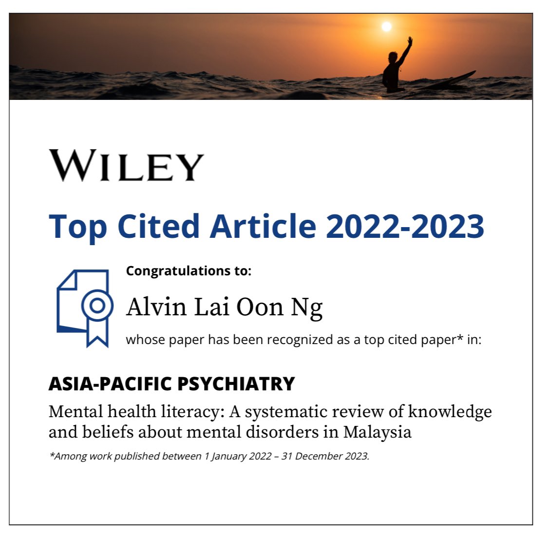 I’m very pleased to have a highly cited article acknowledged by Wiley. I share this achievement with my co-authors Fahad Riaz, Khadeeja Munawar and Firdaus Mukhtar. We thank all who find our paper useful and cited us, as well as future authors who will be citing our paper 🙏