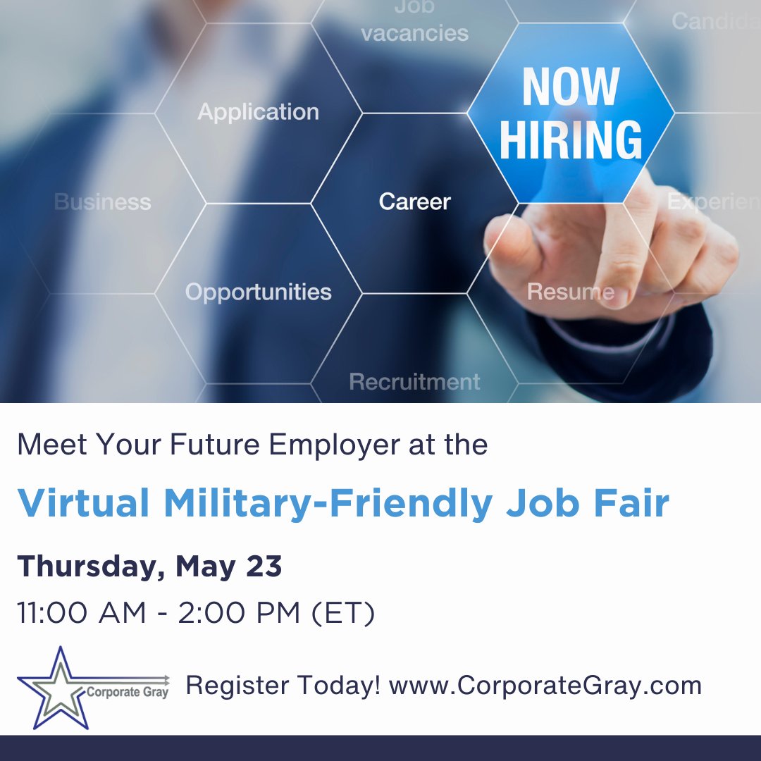 Upcoming #VetResources event for transitioning military and veterans: Interview online with top employers seeking military talent during the 23 May Virtual #MilitaryFriendly Job Fair! Register today: ecareerfairs.com/JobSeeker/View… @VetsExperience @DeptVetAffairs #CGjobfair