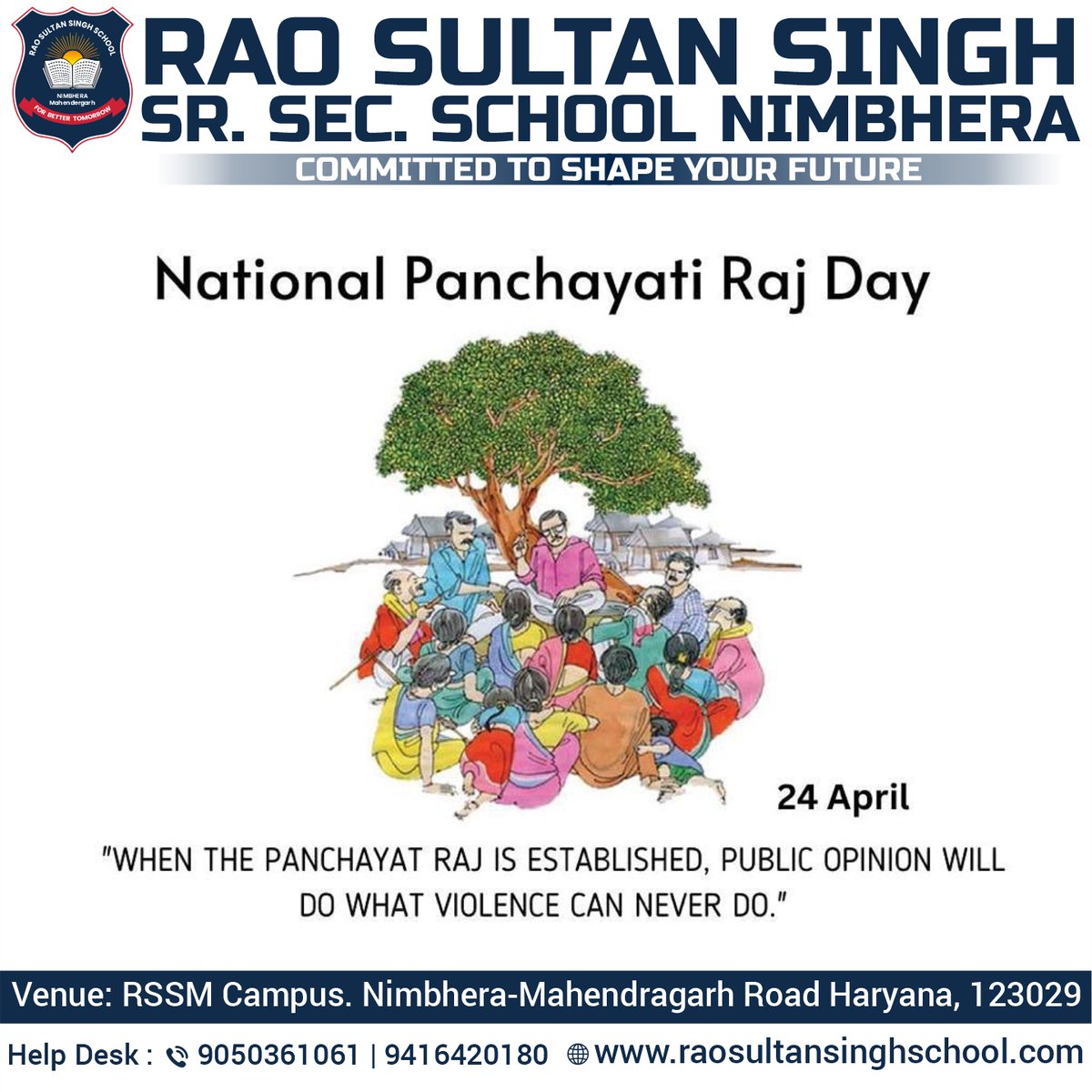National Panchayati Raj Day!
.
Admissions Filling Fast
Admission Open 2024-25
.
Apply Now- 📞- 9050361061 | 9416420180
🌐- raosultansinghschool.com
.
#raosultansinghschool #RSSS #RSSSMahendragarh #mgarh #Best #school #in #mahendragarh