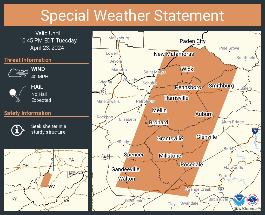 A special weather statement has been issued for Paden City WV, Spencer WV and Harrisville WV until 10:45 PM EDT
