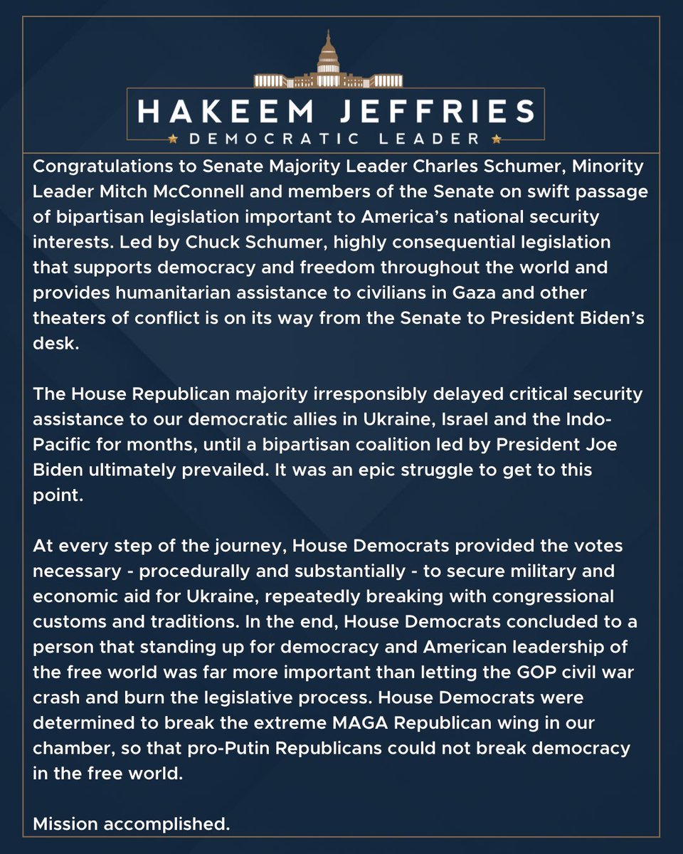 Statement on Senate passage of bipartisan national security legislation.