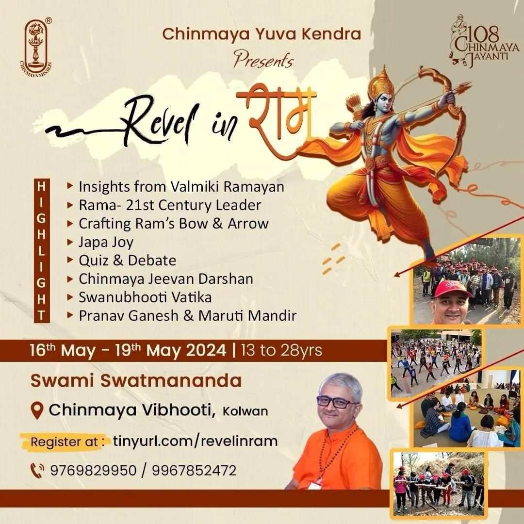 We are so excited about this upcoming youth camp, which is sure to be unique, energetic and a fabulous learning experience. 

16 May - 19 May 2024 at Chinmaya Vibhooti!

Registration Link: 
buff.ly/4b8iBlC

#YouthCamp #RevelinRama #Rama #LordRama #Chyks #ChinmayaVibhooti