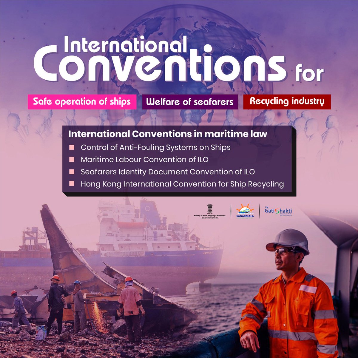 India is a party to many International Conventions in maritime law for safe operation of ships, welfare of seafarers, International Convention on Control of Anti-Fouling Systems on Ships and Hong Kong International Convention for Safe & Environmentally Sound Recycling of Ships.