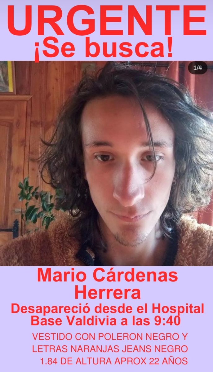 Por favor gente de #Valdiviacl , estamos buscando urgente a Mario Cualquier dato contactar al teléfono +56953996469 @rioenlinea @InformaAlMinuto @biobio @radiouach