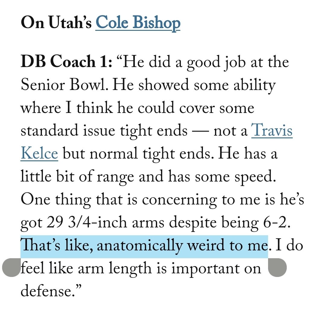 I'm finally sitting down to read @BruceFeldmanCFB's always excellent NFL Draft confidential. Some commentary from coaches/scouts on players of interest that stood out for me. theathletic.com/5431528/2024/0…