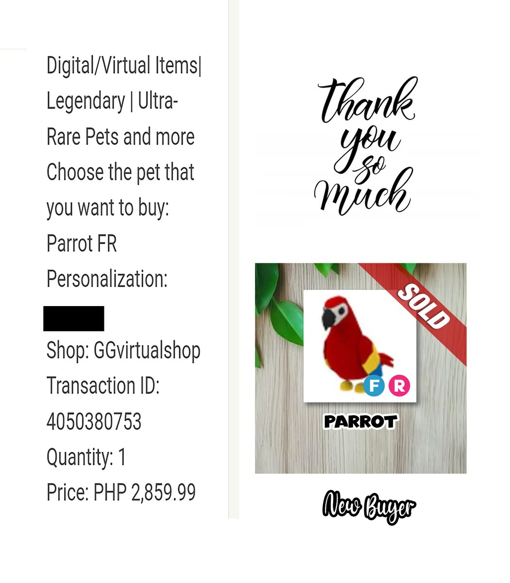 3⃣6⃣ Sold FR Parrot to our NEW BUYER thank you so much for trusting & ordering to our shop😇

#adoptmetrading #AdoptMe #adoptmeoffer #AdoptMePets #adoptmegiveaway #adoptmegw #robloxadoptme #roblox #adoptmeshop #adoptmeseller #trustedshop #adoptmeparrot #legitshop #ggvirtualshop