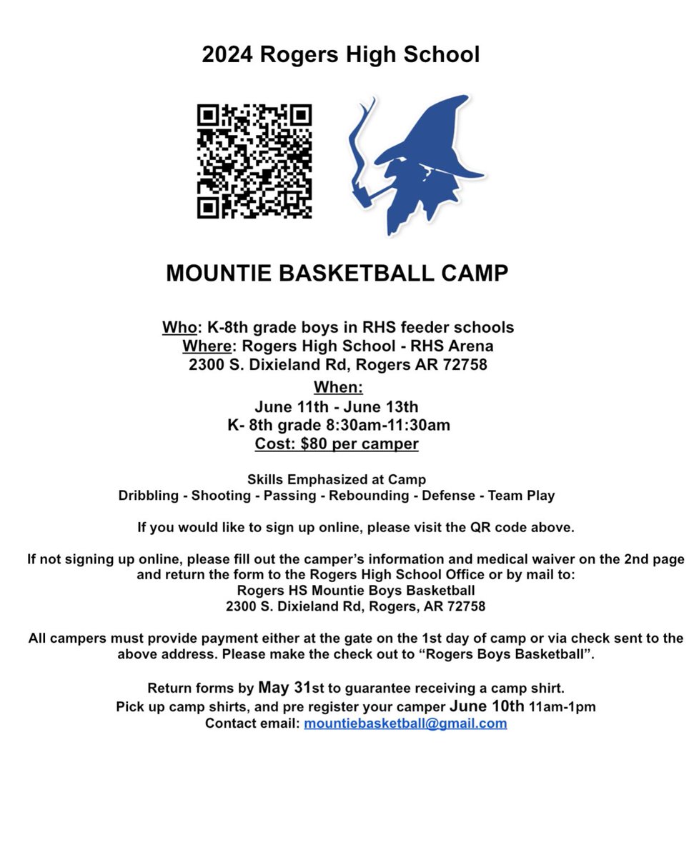 ATTENTION ALL FUTURE MOUNTIES!!
Mounties summer basketball camp is just around the corner. Camp is June 11th-13th from 8:30am to 11:30am at Mountie arena. Scan the QR code to sign up.
