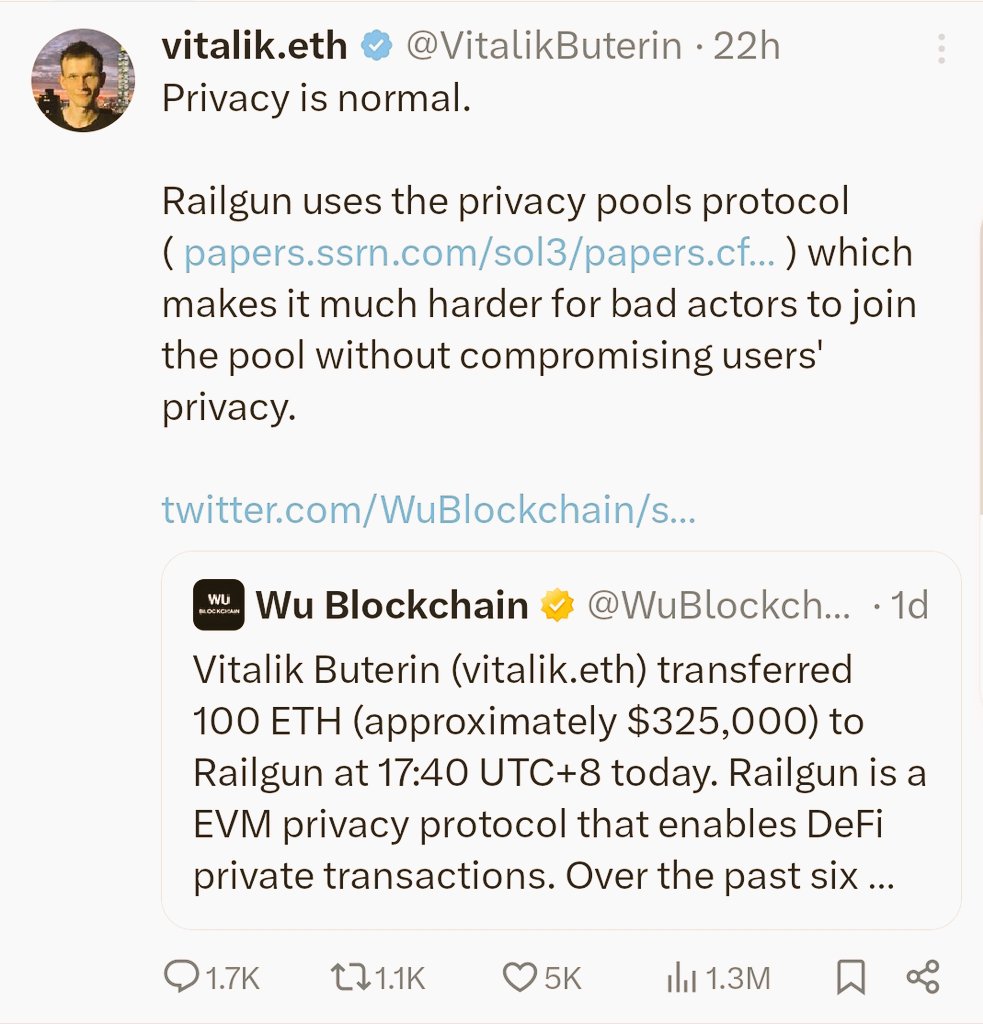 #VitalikButerin emphasized the importance of privacy in crypto, which led to a price increase in $RAIL 
@VitalikButerin

$scrt #RAIL $torn $xmr $zec $zkzx $eth $ethfi #PrivacyMatters #EtherFi #privacycoins #Vitalik  #Ethereum #railgun