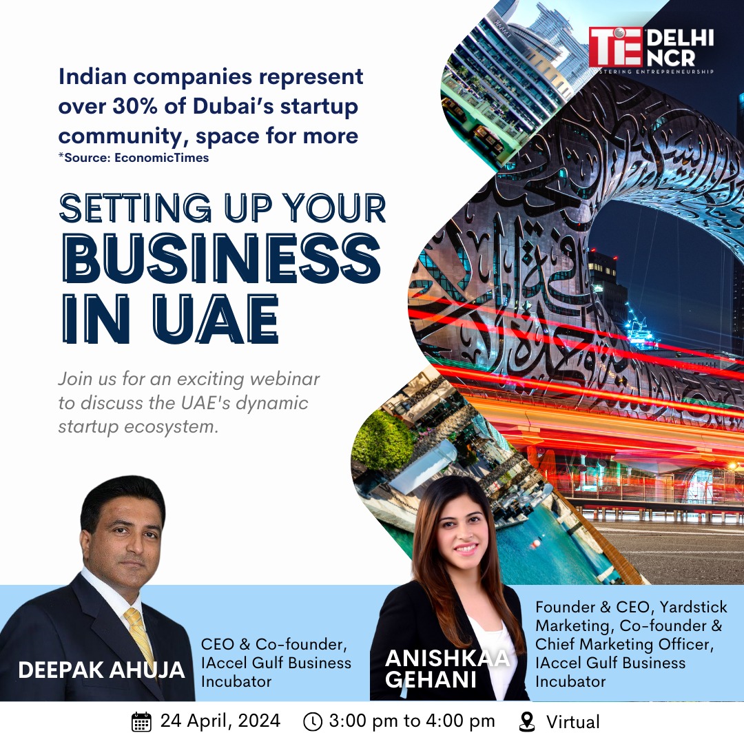 #HappeningToday at 3 PM
Seeking ways to expand your ventures? Join TiE Delhi-NCR's webinar on 'Setting Up Your Business in UAE' to explore the vibrant startup scene. 
Register here: events.tie.org/Delhi-NCR/Sett…