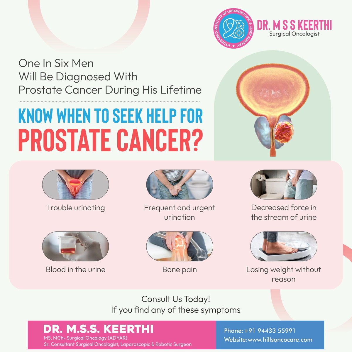 Recognizing early signs of prostate cancer is crucial. Symptoms like trouble urinating, frequent urgency, weak urine flow, blood in urine, bone pain, or weight loss shouldn’t be ignored.

#ProstateCancerAwareness #MensHealth #CancerCare #drmsskeerthi