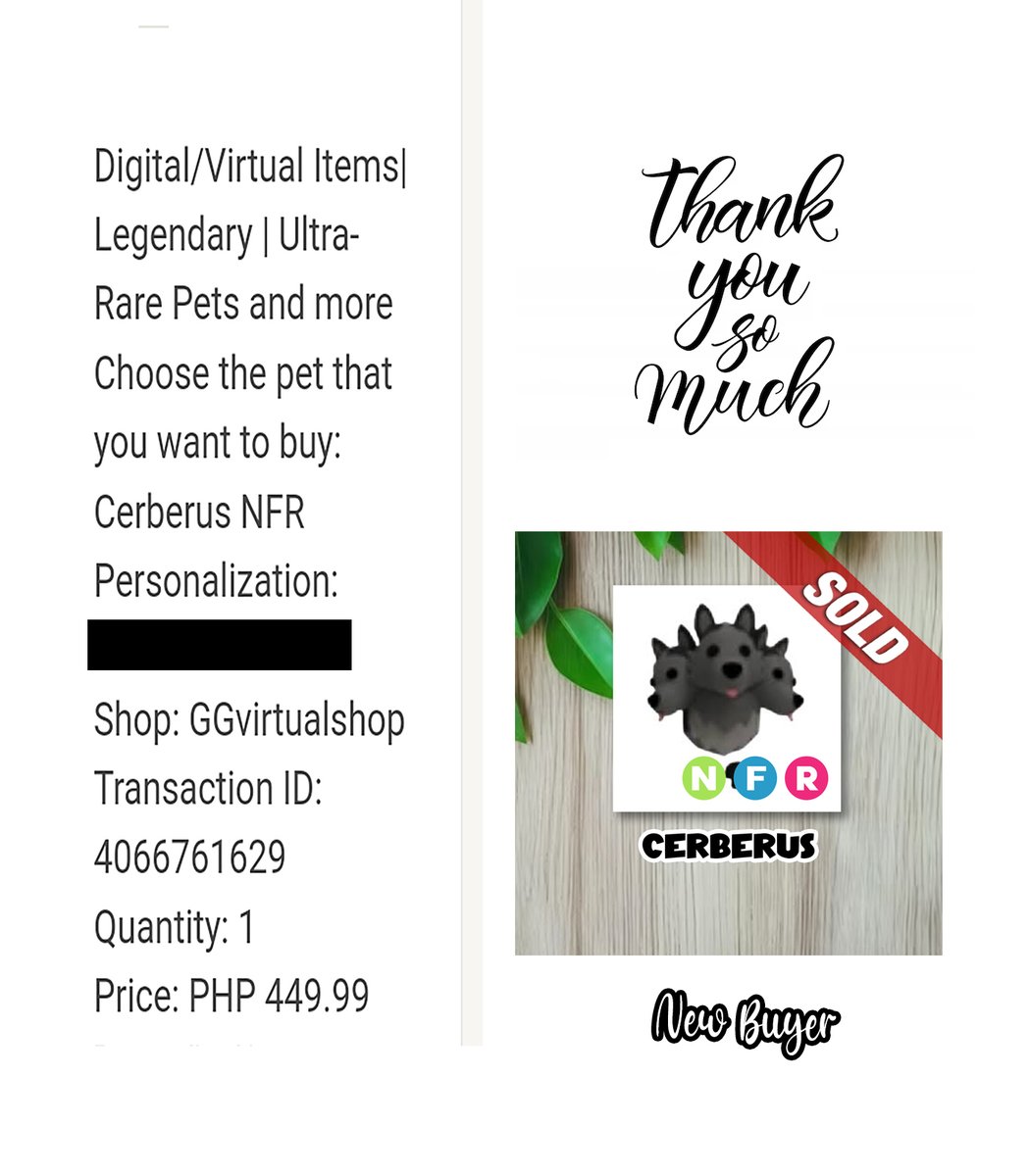 3⃣7⃣ NFR Cerberus was SOLD to our NEW BUYER thank you so much for trusting & ordering to our shop😇

#Adoptmetrade #adoptmetrading #adoptme #adoptmeselling #adoptmeoffers #adoptmegiveaways #adoptmegw #adoptmeshop #adoptmeseller #ROBLOX #robloxadoptme #trustedshop #ggvirtualshop