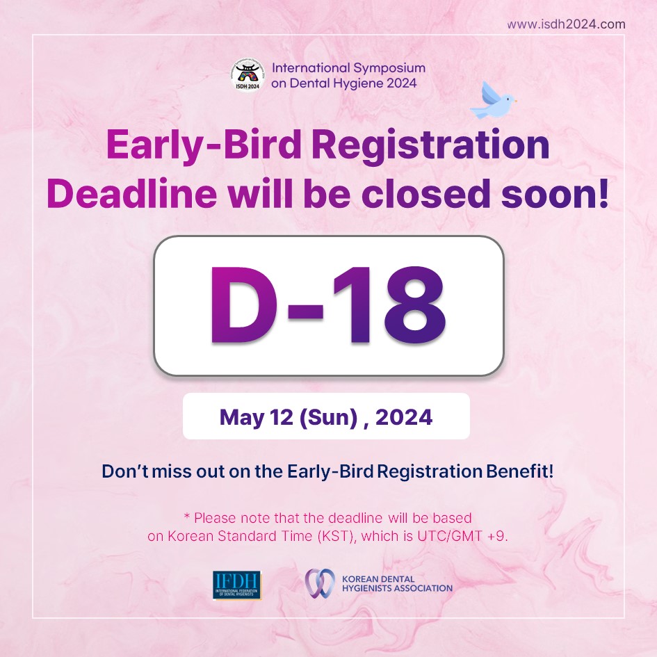 ISDH_2024's tweet photo. ISDH 2024 Early-Bird Registration Deadline D-18🦷💜

🗓 May 12 (Sun), 2024

Early-bird registration is currently available on the ISDH 2024 website. We kindly ask for your participation and interest.

For more detailed information about ISDH 2024, please refer to our website. 🤩 https://t.co/V5jccyS2vR