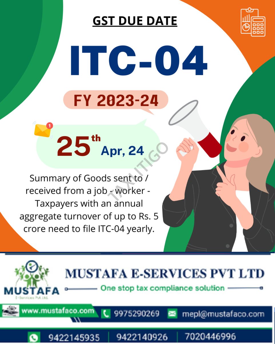 Summary of Goods sent to or received from a job - worker - Taxpayers with an annual aggregate turnover of up to Rs. 5 crore need to file ITC-04 yearly.

#ITC04 #InputTaxCredit #GSTCompliance #GSTFiling #GSTIndia #TaxCompliance #GSTReturns #InventoryManagement #TaxReconciliation