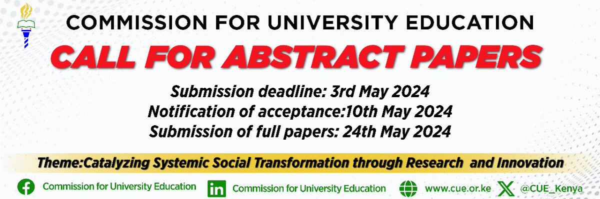 CUE_Kenya's tweet photo. Time is ticking! Have you submitted your abstract yet? Don't miss out on the opportunity to showcase your research and be a part of driving societal transformation. Join us for our Call for Abstract Papers today!
#4thBiennielconference
#researchandinnovations
#kenyanuniverties https://t.co/hu6CvR2wEX
